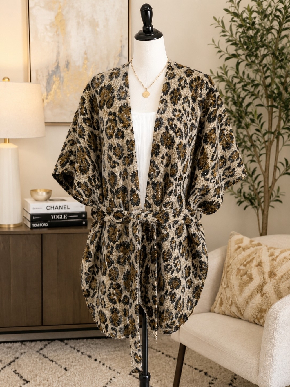 Vince Camuto Leopard-Pattern Kimono Cardigan in Beige & Black